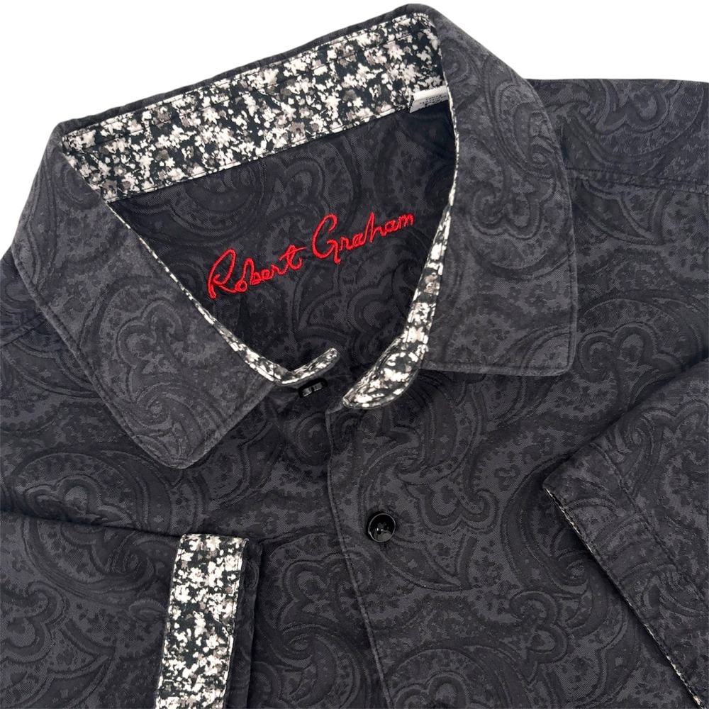 Robert Graham Mens XL Black Paisley Jacquard Short Sleeve Button Down Shirt